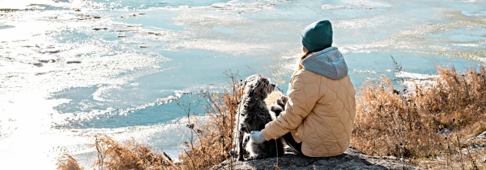 Young woman from behind sitting on stone hugging dog looking at river covered with first ice in fall or  beginning of winter, beige neutral colors, earth tones pet love enjoying nature selective focus